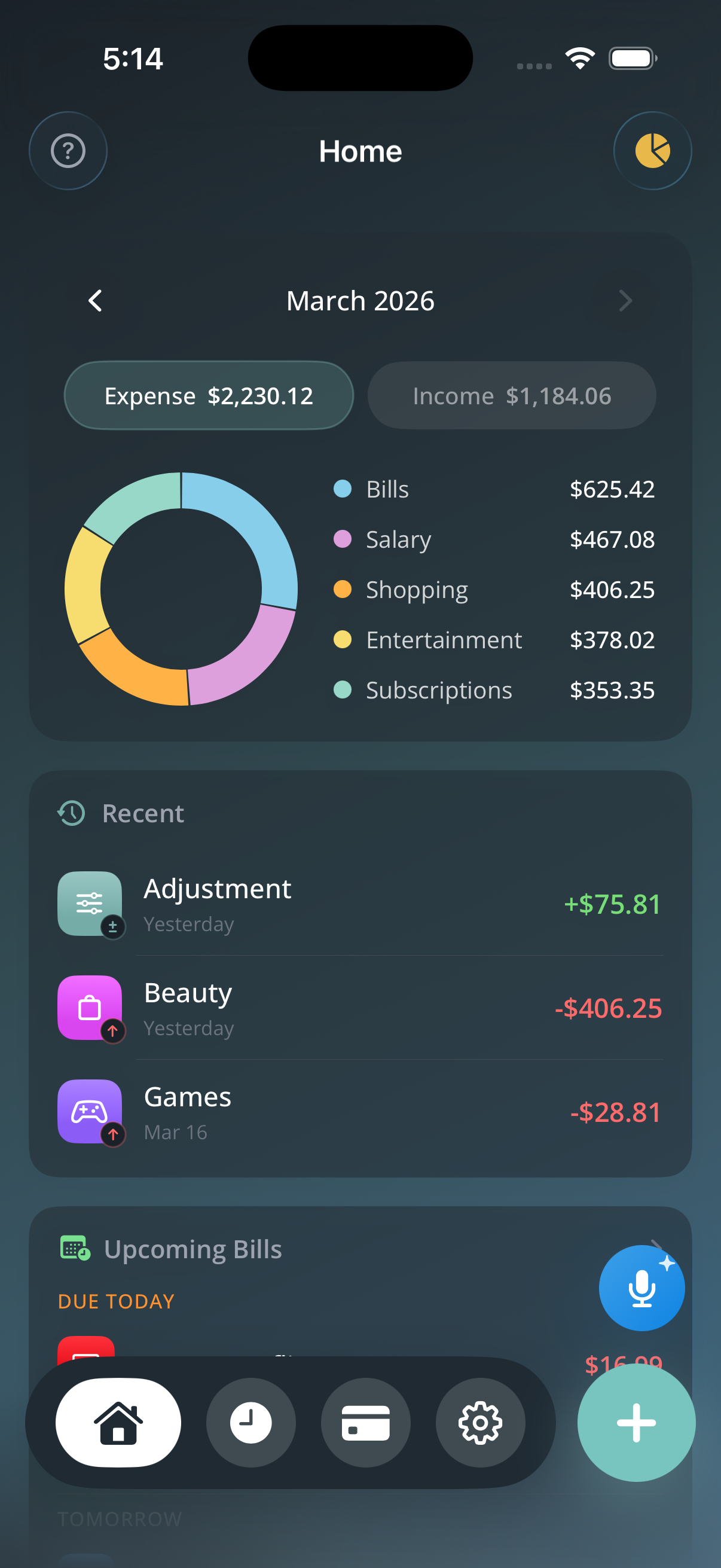 Bounty Budget home screen with spending breakdown